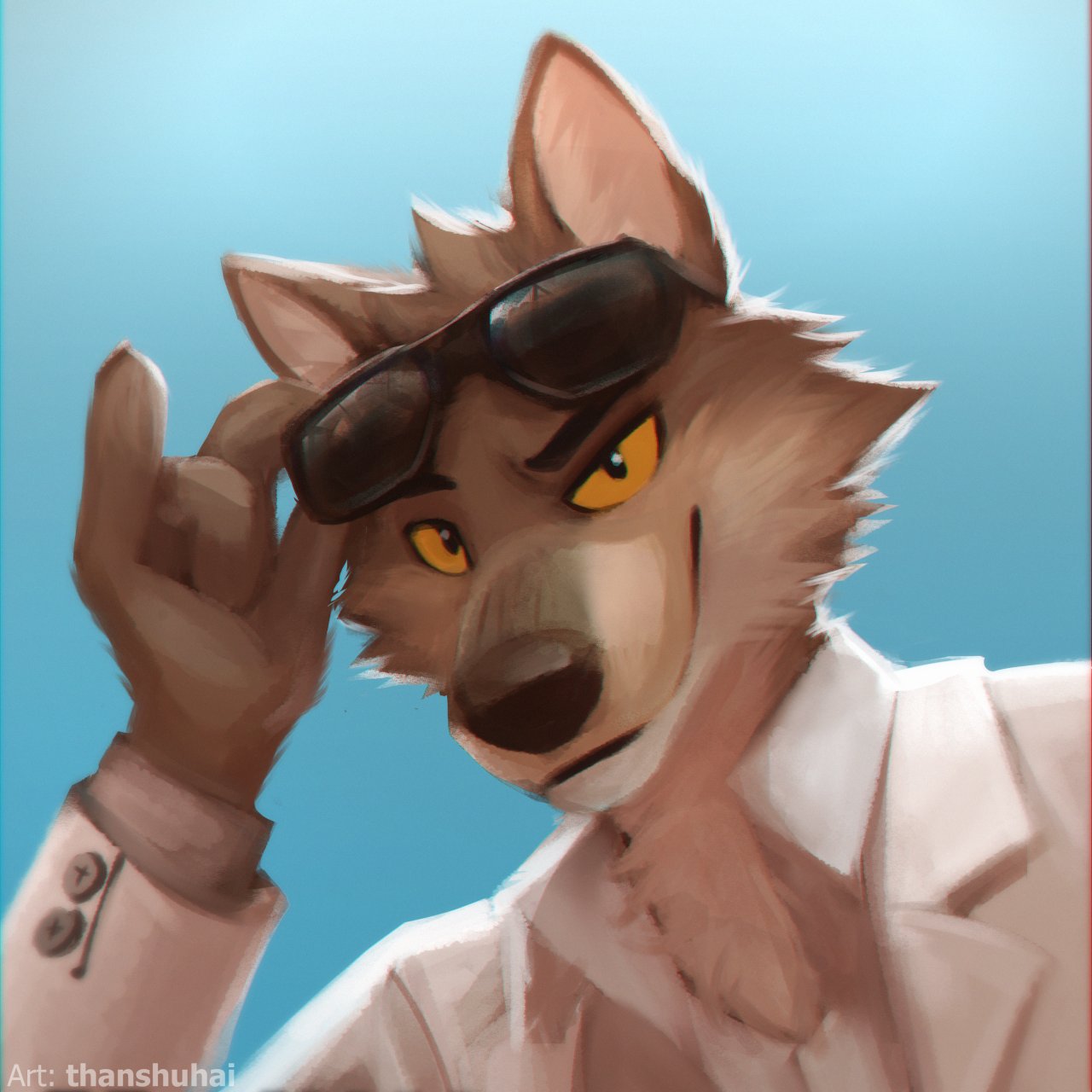 4_fingers blue_background canid canine canis clothing dreamworks eyewear fingers headshot_portrait hi_res looking_at_viewer male mammal mr._wolf_(the_bad_guys) orange_eyes portrait simple_background solo sunglasses thanshuhai the_bad_guys white_clothing wolf