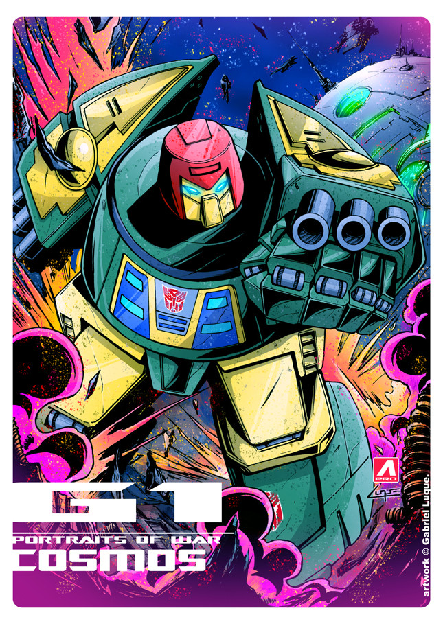 1boy aiming aiming_at_viewer aprostudioluque arm_cannon autobot battle blue_eyes building character_name cosmos_(transformers) cybertron damaged debris dirty emblem energy_cannon english_commentary english_text explosion flying glowing glowing_eyes in_orbit ink_(medium) lights logo machinery mecha official_art promotional_art robot roundel ruins science_fiction signature smoke space starry_background thrusters traditional_media transformers weapon zero_gravity