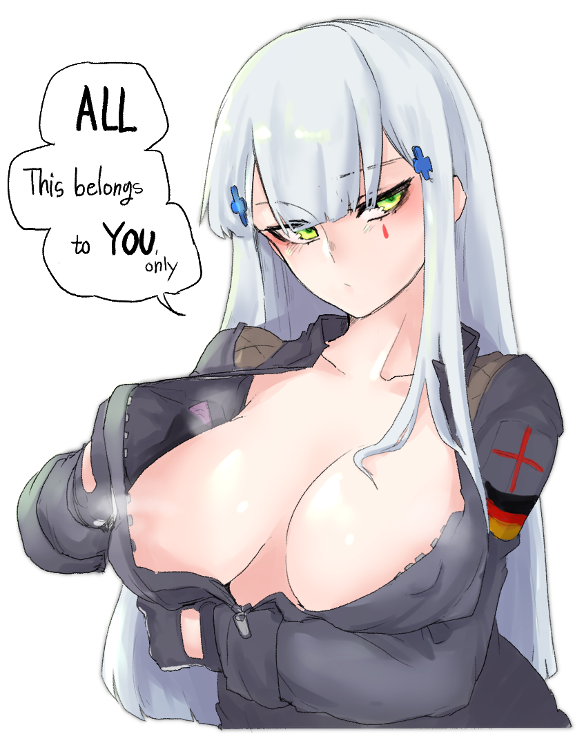 1girl 2poet bangs black_gloves black_jacket blush breasts closed_mouth english_commentary english_text facial_mark german_flag girls'_frontline gloves hair_ornament hk416_(girls'_frontline) jacket korean_commentary large_breasts light_blue_hair long_hair mixed-language_commentary open_clothes open_jacket simple_background solo speech_bubble teardrop_facial_mark upper_body white_background