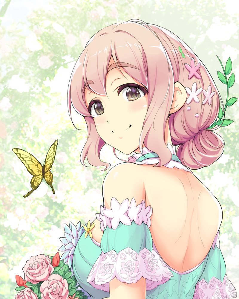 1girl armband bouquet bug butterfly dress flower hair_bun hair_flower hair_ornament holding holding_bouquet idolmaster idolmaster_cinderella_girls looking_at_viewer looking_back pink_hair saionji_kotoka shoulder_blades single_hair_bun solo strapless strapless_dress thick_eyebrows toshio_093 upper_body yellow_butterfly