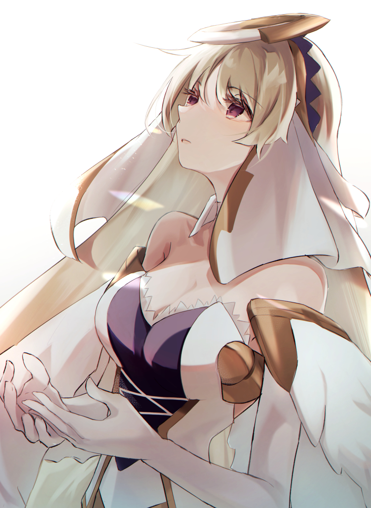 1girl ar_tonelico ar_tonelico_ii armpit_crease bangs bare_shoulders blonde_hair breasts chroche_latel_pastalie cleavage cupping_hands detached_collar elbow_gloves eyebrows_visible_through_hair eyes_visible_through_hair feather_trim gloves gold_trim headgear large_breasts long_hair looking_away looking_up mogupon parted_lips purple_eyes solo strapless upper_body white_background white_gloves