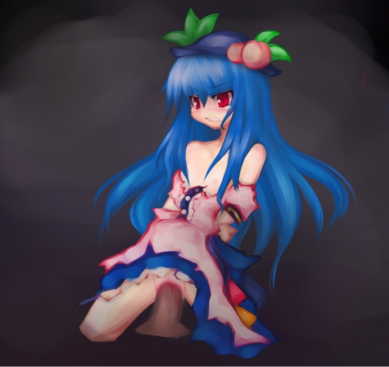 bad_id bad_pixiv_id blood blue_hair censored flat_chest food fruit hat hinanawi_tenshi long_hair mosaic_censoring peach penis pussy red_eyes sex torn_clothes touhou vaginal virgin