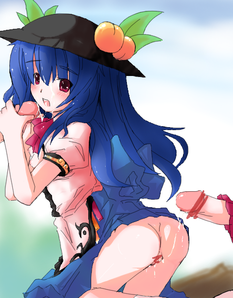 blue_hair censored cum fellatio food fruit hat hinanawi_tenshi long_hair naik oral peach penis solo_focus touhou