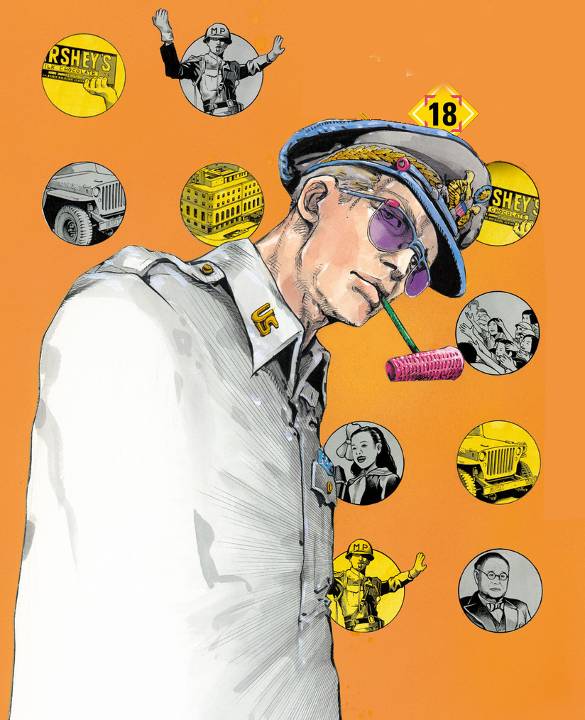 6+boys 6+girls araki_hirohiko chocolate_bar crowd douglas_macarthur english_text gloves hat helmet hershey's looking_at_viewer military military_hat military_police military_uniform multiple_boys multiple_girls original peaked_cap pipe pipe_in_mouth sunglasses uniform us_army whistle