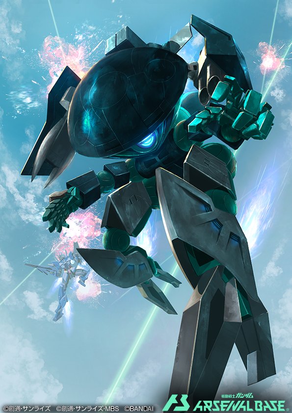 blue_eyes cloud deraken earthree_gundam explosion glowing glowing_eye gun gundam gundam_arsenal_base gundam_build_divers gundam_build_divers_re:rise holding holding_gun holding_shield holding_weapon looking_at_viewer mecha official_art one-eyed open_hands science_fiction shield sky solo_focus weapon wodom_pod