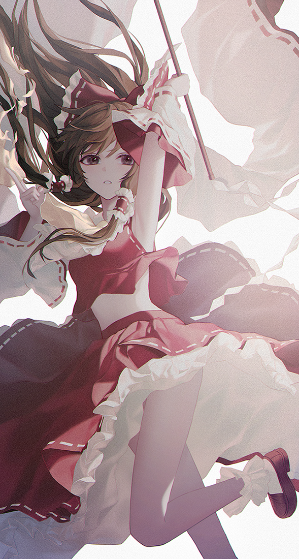 1girl armpits arms_up bare_legs bow breasts brown_eyes brown_footwear brown_hair crop_top detached_sleeves frilled_shirt_collar frills gohei hair_bow hair_tubes hakurei_reimu holding leg_up long_hair long_skirt long_sleeves looking_at_viewer midriff no.aei parted_lips ponytail red_bow red_ribbon red_skirt ribbon ribbon-trimmed_sleeves ribbon_trim shoes sidelocks simple_background skirt small_breasts socks solo standing standing_on_one_leg touhou white_background white_legwear wide_sleeves
