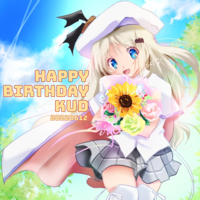 1girl bat_hair_ornament beret blue_eyes blue_sky bouquet bow cloud contrail cowboy_shot flower grey_skirt hair_ornament happy_birthday hat large_buttons little_busters! long_hair noumi_kudryavka one_eye_closed pink_bow pleated_skirt school_uniform scp shirt short_sleeves skirt sky smile solo summer_uniform sunflower thighhighs white_headwear white_legwear white_shirt