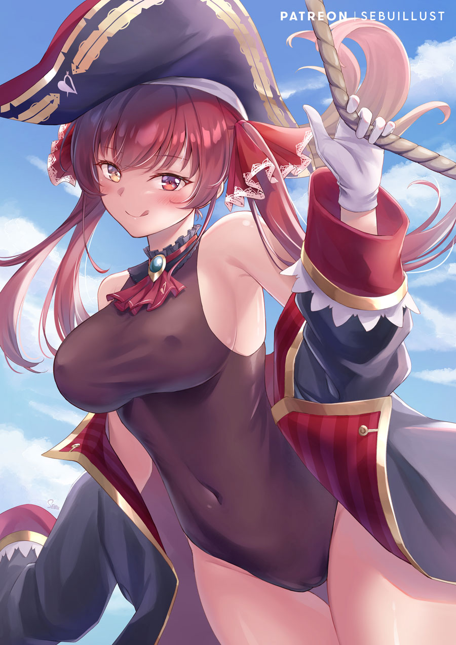 1girl :q arrow_through_heart ascot bangs bare_shoulders black_coat black_headwear black_leotard blue_sky blush breasts cameltoe closed_mouth coat covered_navel covered_nipples cowboy_shot day eyebrows_visible_through_hair gloves hair_ribbon hat heterochromia highres hololive houshou_marine large_breasts leotard long_hair long_sleeves looking_at_viewer naughty_face open_clothes open_coat outdoors pirate_hat red_ascot red_eyes red_ribbon ribbon rope sebu_illust sideboob sky smile solo tongue tongue_out twintails virtual_youtuber white_gloves yellow_eyes