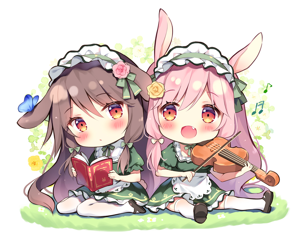 2girls :d animal animal_ears apron bangs beamed_sixteenth_notes black_footwear blush book bow brown_hair bug butterfly chibi closed_mouth commentary_request dress eighth_note eyebrows_visible_through_hair fang flower frilled_dress frilled_hairband frills green_bow green_dress green_hairband hair_between_eyes hair_bow hair_flower hair_ornament hairband holding holding_book holding_instrument instrument multiple_girls music musical_note open_book original pan_(mimi) pantyhose pink_flower pink_hair pink_rose playing_instrument puffy_short_sleeves puffy_sleeves rabbit_ears red_eyes rose shoe_soles shoes short_sleeves sitting smile thighhighs violin waist_apron wariza white_apron white_bow white_legwear yellow_flower yellow_rose