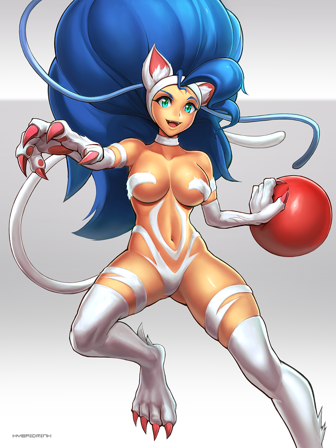 2019 3:4 animal_humanoid ball blue_hair breasts capcom claws darkstalkers felicia_(darkstalkers) felid felid_humanoid feline feline_humanoid female fur green_eyes hair humanoid hybridmink long_hair mammal mammal_humanoid navel open_mouth open_smile signature simple_background smile solo tan_body tan_skin teeth tongue video_games white_body white_fur