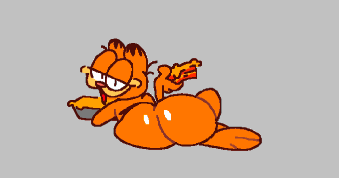 anthro big_butt butt domestic_cat felid feline felis food garfield_(series) garfield_the_cat lasagna looking_at_viewer male mammal pasta smile solo superiorfox thick_thighs