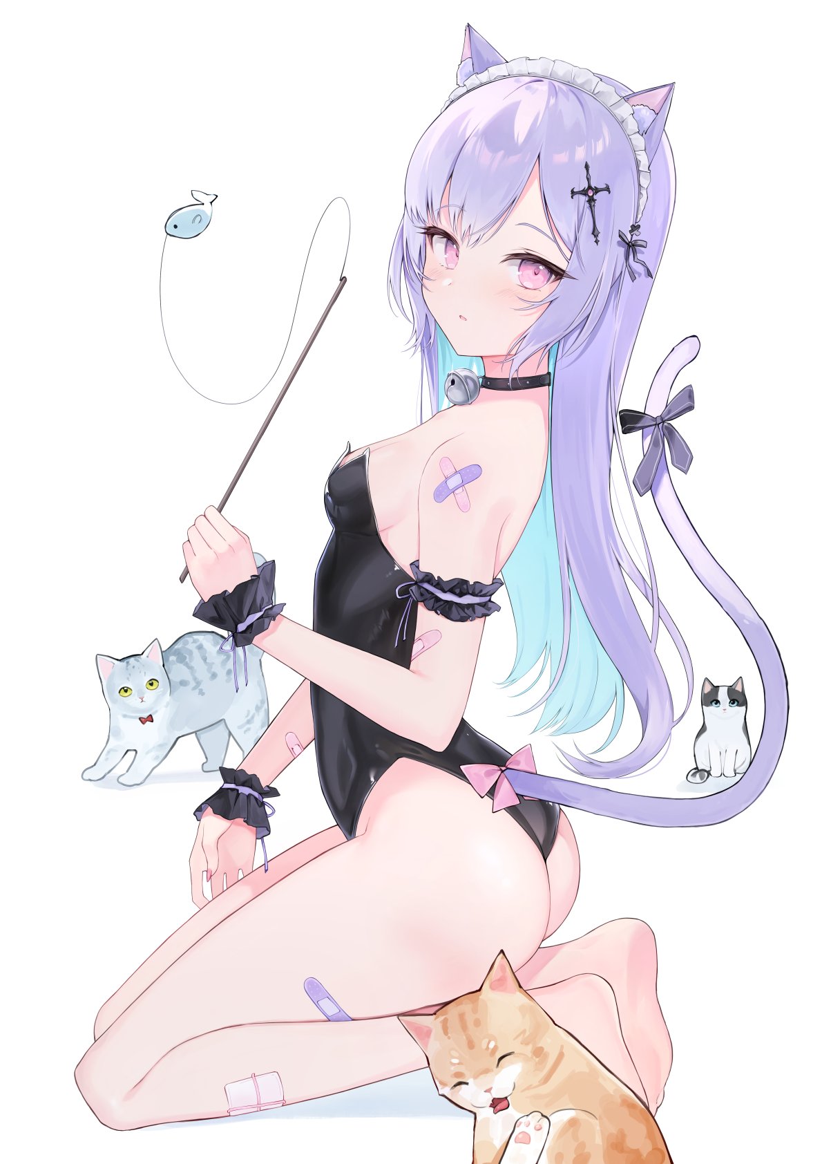 1girl animal_ear_fluff animal_ears arm_garter ass bandaid bandaid_on_arm bandaid_on_leg bangs bare_legs bare_shoulders bell black_bow black_choker black_leotard blue_hair blush bow breasts cat cat_ears cat_girl cat_tail choker colored_inner_hair cross_hair_ornament eyebrows_visible_through_hair fish from_side full_body hair_ornament highleg highleg_leotard highres holding kneeling leotard long_hair looking_at_viewer maid_headdress multicolored_hair multiple_cats neck_bell original parted_lips pink_eyes purple_hair purple_tail sidelocks simple_background small_breasts solo strapless strapless_leotard swept_bangs tail tail_bow tail_ornament thighs two-tone_hair white_background wrist_cuffs yuzukicture