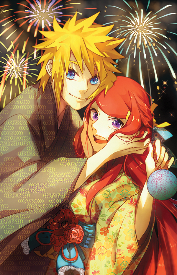 blonde_hair couple fireworks flower hair_ribbon hetero hinell holding japanese_clothes kimono long_hair looking_at_viewer namikaze_minato naruto naruto_(series) night open_mouth purple_eyes red_hair ribbon short_hair spiked_hair teeth upper_teeth uzumaki_kushina yellow_ribbon yukata