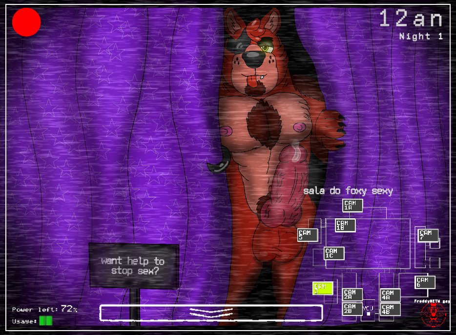 anatomically_correct anatomically_correct_genitalia anatomically_correct_penis animal_genitalia animal_penis anthro balls barazoku canid canine canine_penis chest_tuft curtains curtains_open english_text eye_patch eyewear five_nights_at_freddy's fox foxy_(fnaf) freddynetwgay genitals himbo knot male mammal nipples pecs penis pirate pirate_cove scottgames solo text tongue tongue_out tuft video_games