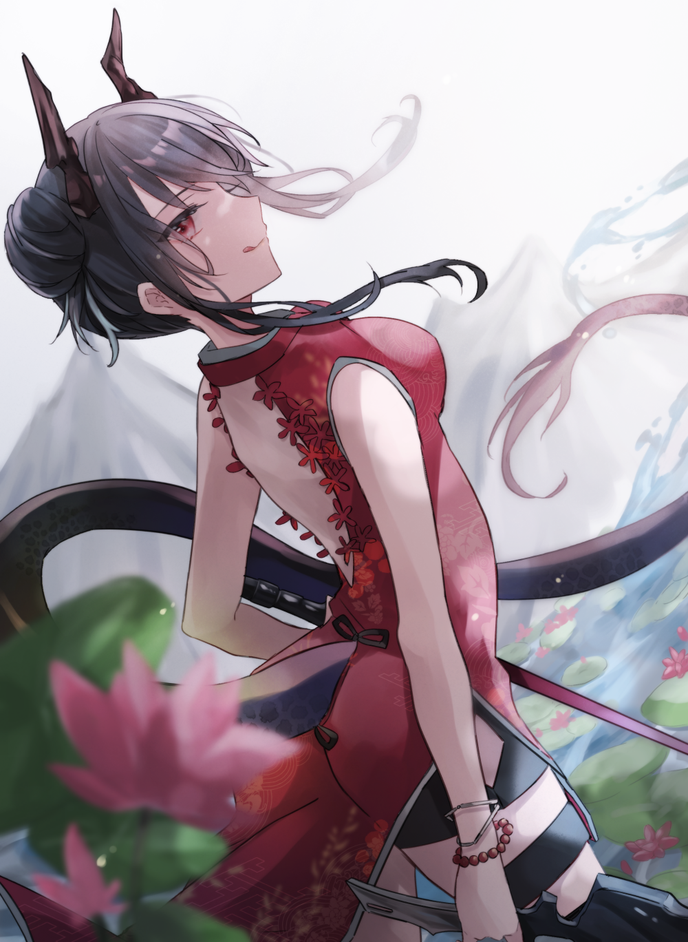 1girl :q arknights back_cutout black_ribbon black_shorts blue_hair breasts ch'en_(ageless_afterglow)_(arknights) ch'en_(arknights) china_dress chinese_clothes clothing_cutout cowboy_shot dragon_horns dragon_tail dress flower from_behind hair_bun highres holding holding_sword holding_weapon horns leaf licking_lips looking_at_viewer looking_back medium_breasts mountain official_alternate_costume pink_flower red_dress red_eyes ribbon saiko_(saisaka) shorts sidelocks sleeveless sleeveless_dress solo sword tail tail_through_clothes tongue tongue_out water weapon white_background