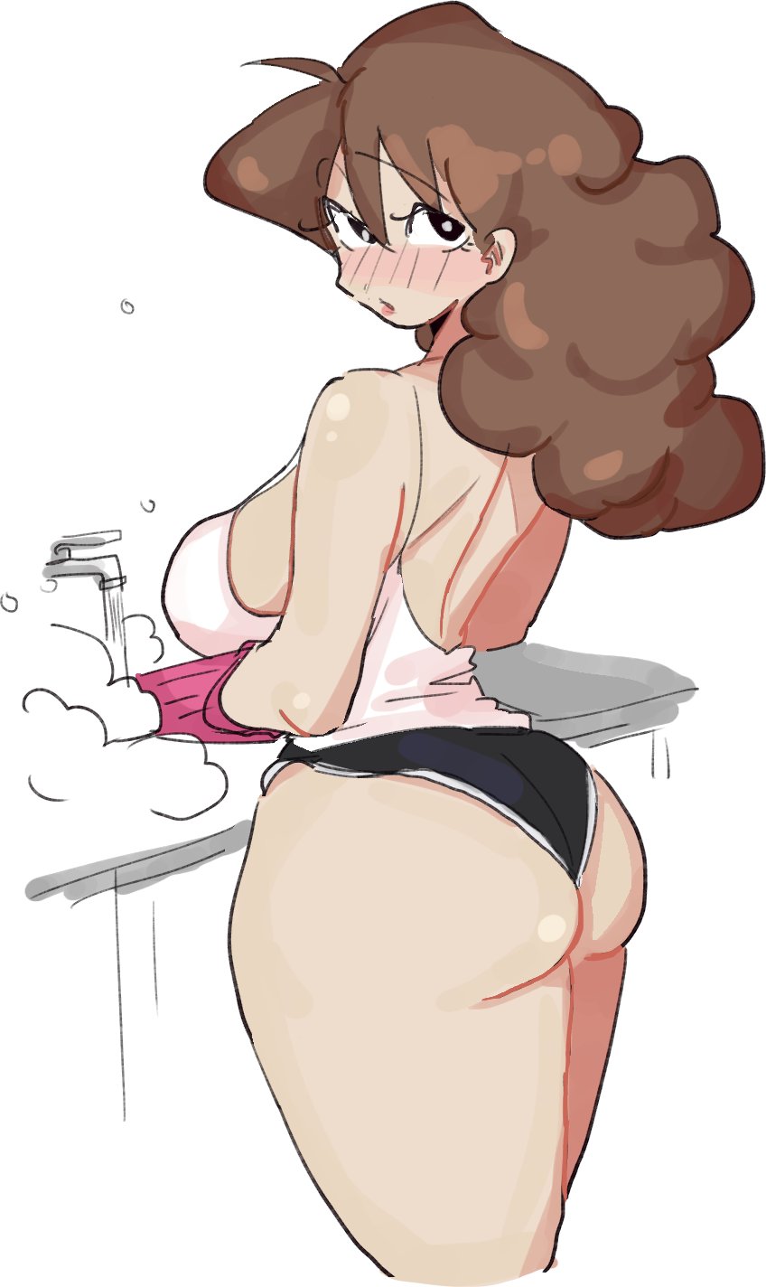 1girl ahoge ass bangs black_gloves blush breasts brown_hair camisole crayon_shin-chan curvy dishwashing eyebrows_visible_through_hair full-face_blush gloves highleg_shorts highres large_breasts leeboxxx micro_shorts parted_lips shorts solo