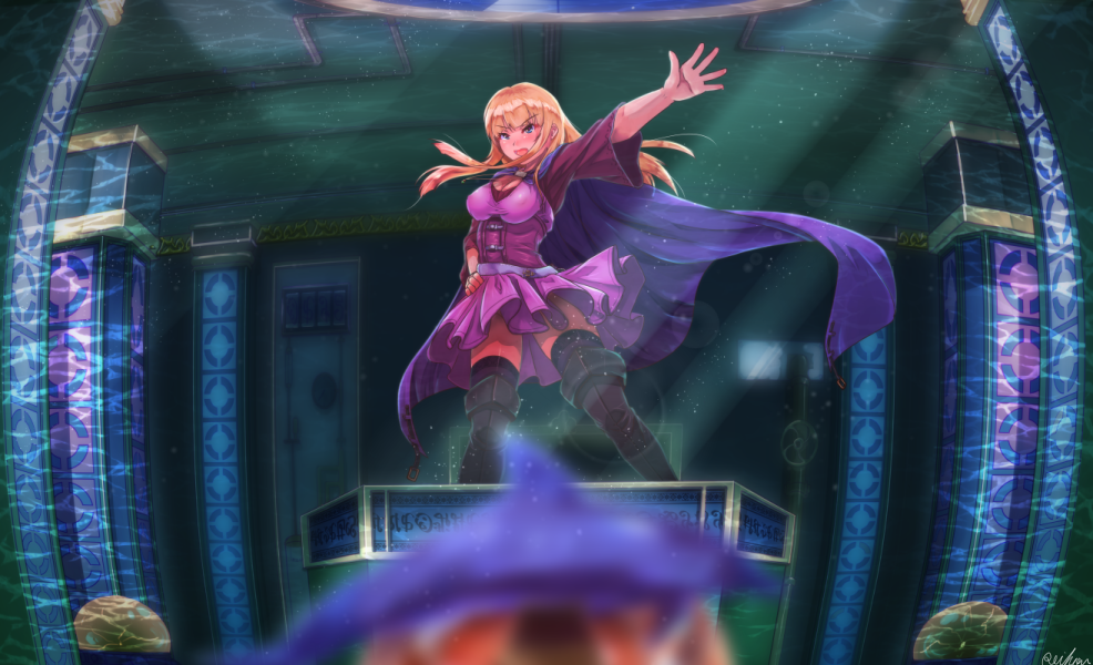 1girl bangs black_footwear blonde_hair blue_eyes blunt_bangs blush boots breasts cape caustics cleavage column commentary_request dolphin dress eyebrows_visible_through_hair full_body large_breasts long_hair looking_at_viewer monica_(romancing_saga_3) open_mouth pillar pink_dress purple_cape reihou19 romancing_saga_3 saga short_dress short_sleeves solo standing thigh_boots wide_sleeves