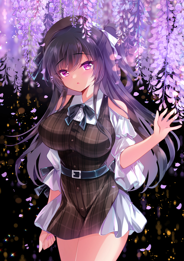 1girl bangs bare_shoulders belt belt_buckle black_belt black_bow blush bow breasts brown_dress brown_headwear buckle clothing_cutout collared_shirt commentary_request dress dress_shirt eyebrows_visible_through_hair flower hair_between_eyes hair_bow hand_up ichiyou_moka large_breasts long_hair original parted_lips petals plaid plaid_dress ponytail puffy_short_sleeves puffy_sleeves purple_eyes purple_flower purple_hair shirt short_sleeves shoulder_cutout sleeveless sleeveless_dress solo takanashi_iori_(ichiyou_moka) tilted_headwear very_long_hair white_bow white_shirt wisteria