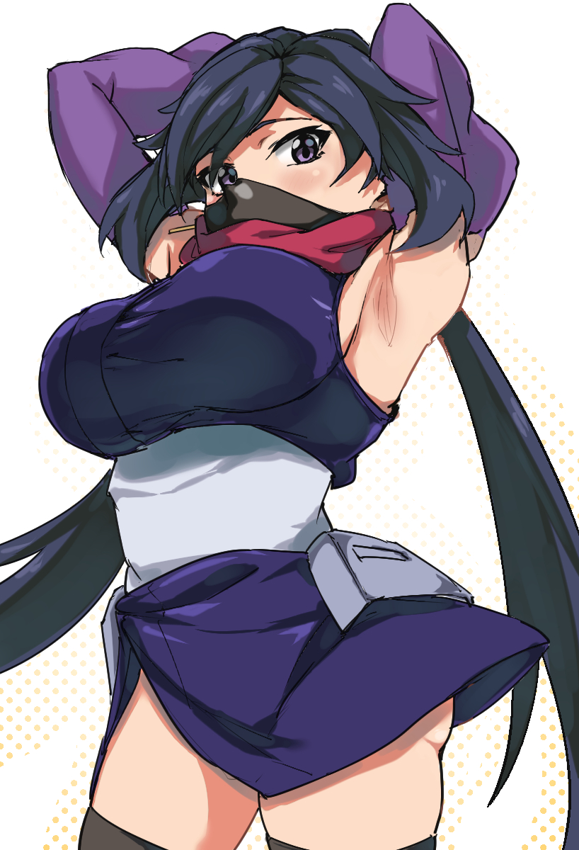 1girl armpits ass atamadarurun ayame_(gundam_build_divers) bangs black_hair black_legwear black_mask blush breasts commentary detached_sleeves gundam gundam_build_divers hair_ornament highres hip_armor japanese_clothes kimono large_breasts long_hair looking_at_viewer mask mouth_mask ninja ninja_mask polka_dot polka_dot_background purple_eyes red_scarf scarf short_kimono solo split_ponytail thighhighs upper_body very_long_hair white_background