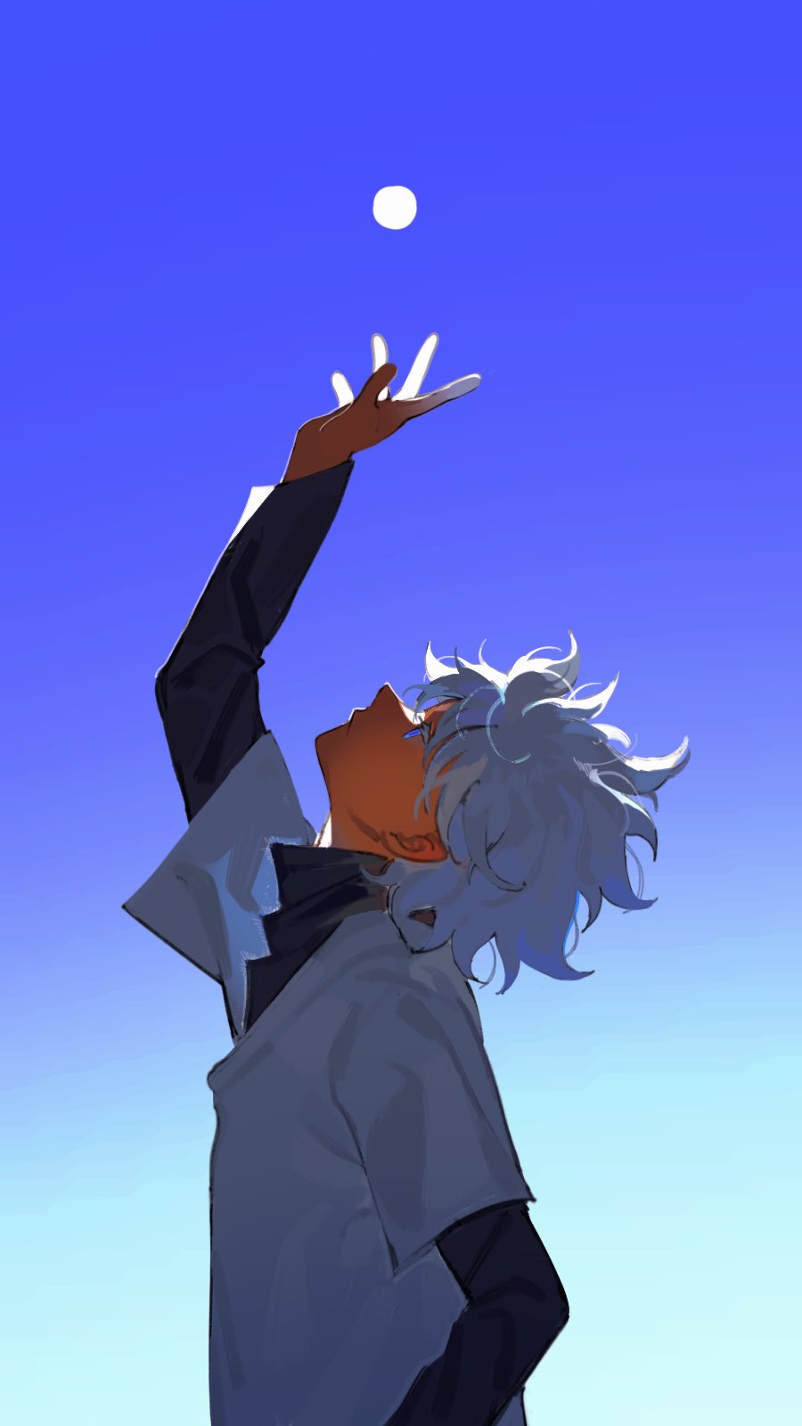 1boy arm_at_side arm_up bangs black_shirt blue_background blue_eyes blue_sky day from_side gradient gradient_background highres hunter_x_hunter killua_zoldyck layered_sleeves long_sleeves looking_away looking_up male_focus profile reaching shadown66 shirt short_hair short_over_long_sleeves short_sleeves sky spiked_hair sun turtleneck upper_body white_hair white_shirt