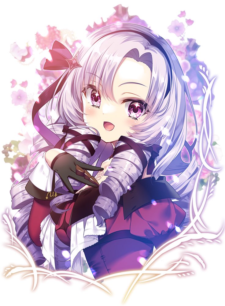 1girl :d bangs black_gloves black_hair blush chest_tattoo claw_ring dress drill_hair gloves hair_ribbon hairband hand_up hyakumantenbara_salome juliet_sleeves light_purple_hair long_hair long_sleeves looking_at_viewer mitsumomo_mamu nijisanji puffy_sleeves purple_eyes red_dress ribbon smile solo tattoo upper_body virtual_youtuber