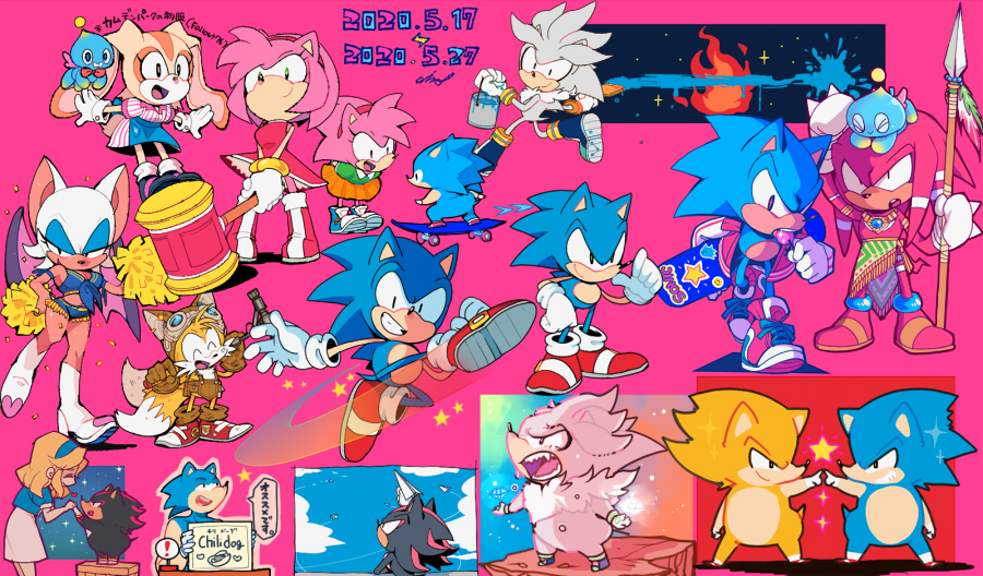 &gt;_&lt; 4girls 5boys ^_^ aimf alternate_costume amy_rose angry animal_ears animal_nose apron arm_up armlet arms_behind_back arms_up artist_name bangs bare_shoulders bat_ears bat_girl bat_wings belt black_footwear black_fur black_hair blonde_hair blue-tinted_eyewear blue_apron blue_eyeshadow blue_footwear blue_gemstone blue_hair blue_hairband blue_jacket blue_neckerchief blue_shirt blue_shorts blue_sky body_fur boots bow bowtie breasts brown_gloves bucket candy chao_(sonic) chaos_emerald cheerleader cheese_(sonic) chibi chibi_inset closed_eyes closed_mouth cloud collared_dress commentary_request confetti cream_the_rabbit creature_on_head crop_top cropped_jacket cross-laced_footwear crying dated dirty dirty_clothes dirty_face dress eating english_text eyeshadow eyewear_on_headwear female_child flat_chest food fox_boy fox_ears fox_tail fringe_trim from_behind from_side full_body fur_collar furry furry_female gem gloves goggles green_eyes green_shirt grey-framed_eyewear grey_fur grey_hair grin hairband half-closed_eyes hammer hand_up hands_up happy heart height_difference holding holding_bucket holding_hammer holding_hands holding_paintbrush holding_polearm holding_skateboard holding_weapon index_fingers_together jacket jewelry kicking knee_boots knuckles_the_echidna leaning_forward leg_up lollipop long_hair looking_at_viewer looking_up makeup maria_robotnik midriff miniskirt multicolored_hair multiple_boys multiple_girls multiple_views neckerchief necklace open_clothes open_jacket open_mouth orange_eyes orange_fur orange_skirt outline outstretched_arms own_hands_together paint_can paint_splatter paintbrush painting_(action) paper_airplane piko_piko_hammer pink_background pink_dress pink_fur pink_hair pinstripe_dress pinstripe_pattern pleated_skirt polearm pom_pom_(cheerleading) profile puffy_short_sleeves puffy_sleeves purple_wings rabbit_ears rabbit_girl raglan_sleeves red_bow red_bowtie red_dress red_footwear red_hair red_jacket rouge_the_bat running shadow_the_hedgehog sharp_teeth shirt shoes short_dress short_hair short_shorts short_sleeves shorts sidelocks sideways_mouth sign signature silver_the_hedgehog simple_background skateboard skateboarding skirt sky sleeveless sleeveless_dress sleeveless_shirt small_breasts smile sneakers snout socks sonic_(series) sonic_the_hedgehog sonic_the_hedgehog_(2006) sonic_the_hedgehog_(classic) sparkle spear speech_bubble spiked_hair standing star_(symbol) streaked_hair striped super_sonic tail tails_(sonic) talking tears teeth tinted_eyewear traditional_bowtie translation_request tribal two-handed two-tone_fur two-tone_hair upper_body waist_apron weapon white_dress white_footwear white_fur white_gemstone white_gloves white_hair white_legwear white_sleeves wings yellow_fur