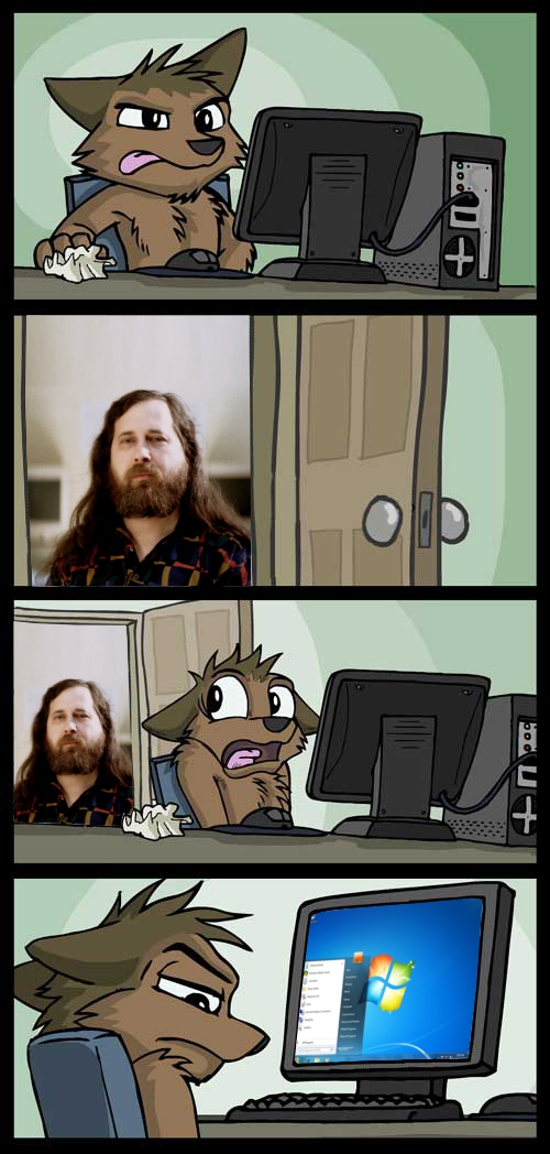 :o anthro beard brown_hair canid canine canis caught clothed clothing comic computer computer_keyboard computer_mouse duo facial_hair hair human humor long_hair looking_back looking_down male male/male mammal masturbation microsoft microsoft_windows monitor o_o obscured_masturbation open_mouth parody photo picture_in_picture real richard_stallman shame shocked the_truth tirrel tissue uhoh walk-in windows_7 wolf