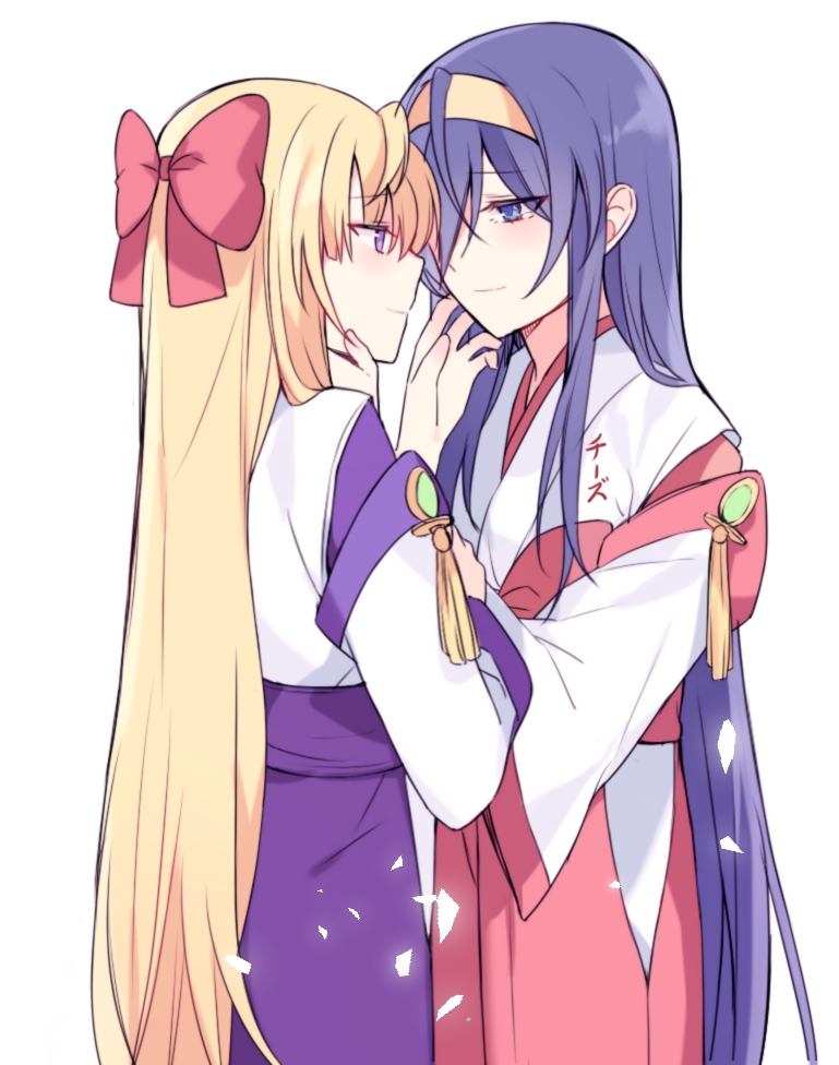 2girls bad_id bad_pixiv_id bangs blonde_hair blue_eyes blue_hair blush bow chi_zu_crazy eye_contact face-to-face hair_bow hair_over_one_eye hairband hand_on_another's_face himemiya_chikane japanese_clothes kannazuki_no_miko kurusugawa_himeko long_hair long_sleeves looking_at_another miko multiple_girls purple_eyes red_bow smile tearing_up very_long_hair white_background wide_sleeves yellow_hairband yuri