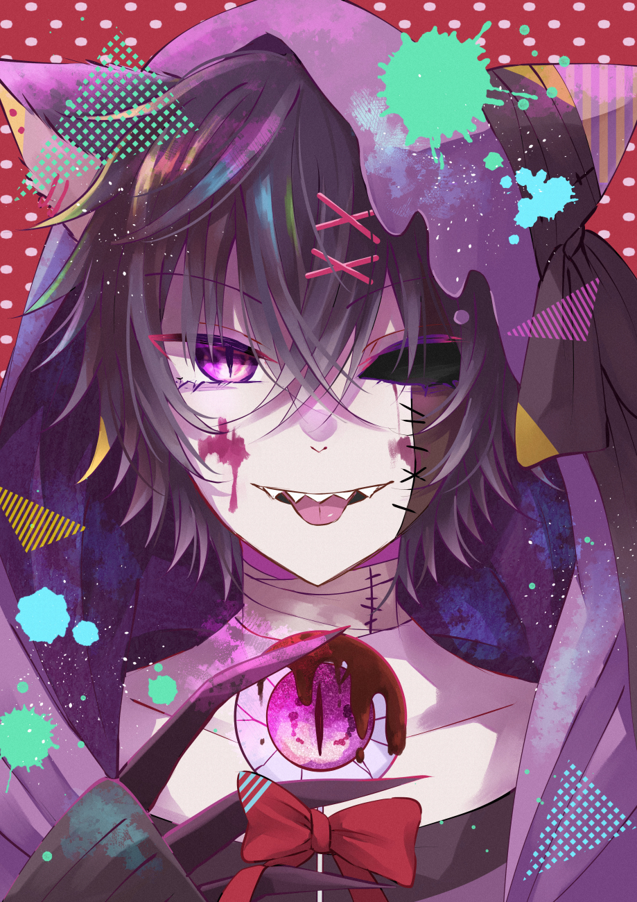 1boy animal_ears candy cat_boy cat_ears cheshire_cat_(konokikiki) eyeball food highres hood hood_up hoodie konokikiki lollipop looking_at_viewer male_focus original purple_eyes purple_hair sharp_teeth smirk solo teeth tongue tongue_out