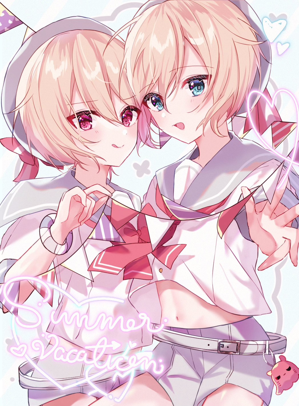 2boys belt blue_eyes blush brothers facing_viewer hat highres looking_at_viewer magenta_eyes male_focus matching_outfit multiple_boys original pink_hair sailor sailor_collar sailor_hat sailor_shirt shirt shorts siblings smile tongue tongue_out twins yume_ne