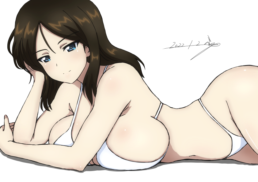 1girl alternate_breast_size alternate_costume bare_shoulders bikini blue_eyes breast_press breasts bukkuri commentary_request cowboy_shot dated girls_und_panzer highleg highleg_bikini huge_breasts long_hair looking_to_the_side lying navel nonna_(girls_und_panzer) on_stomach shadow sideboob signature simple_background smile solo swimsuit white_background white_bikini