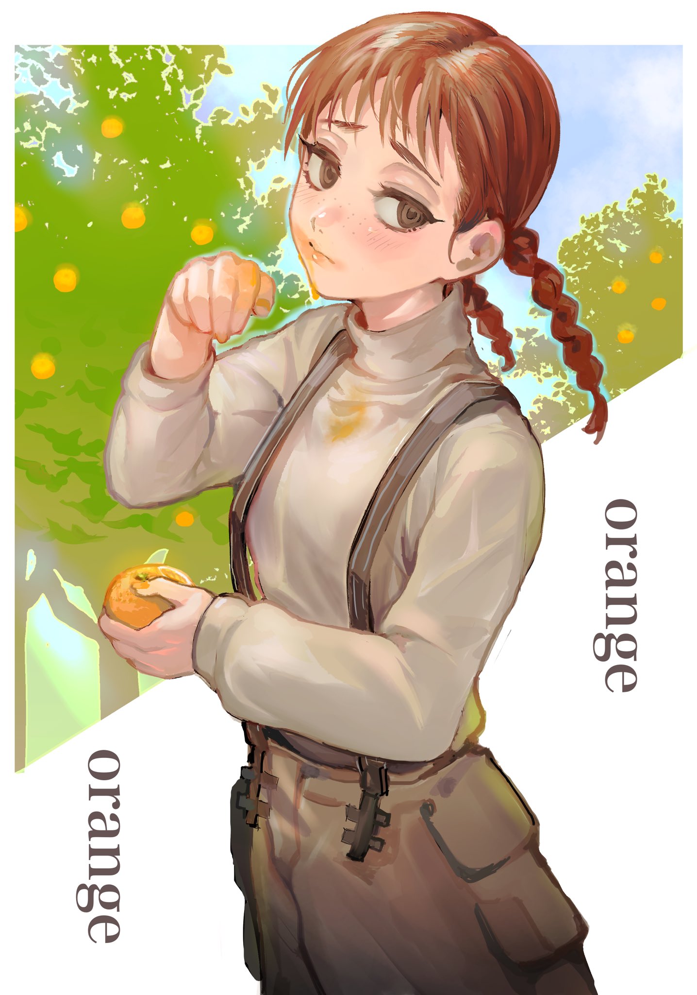 1girl blue_sky blush brown_eyes brown_hair closed_mouth cloud dripping english_text fingernails food fruit half-closed_eyes highres holding holding_food holding_fruit long_fingernails maido_mido medium_hair orange_(fruit) orange_nails original outdoors overalls sky sleeves_past_wrists solo tree turtleneck twintails wiping_face
