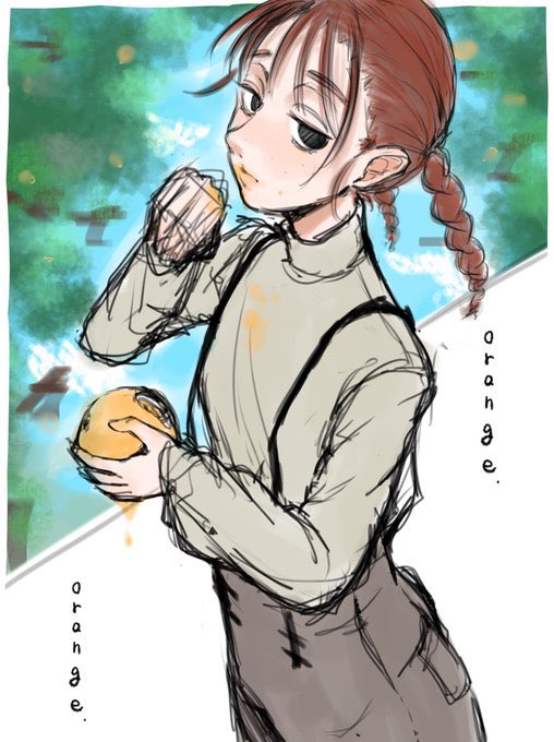 1girl black_eyes blue_sky brown_hair closed_mouth cloud dripping english_text food fruit half-closed_eyes holding holding_food holding_fruit maido_mido medium_hair orange_(fruit) original outdoors overalls sketch sky sleeves_past_wrists solo tree turtleneck twintails wiping_face