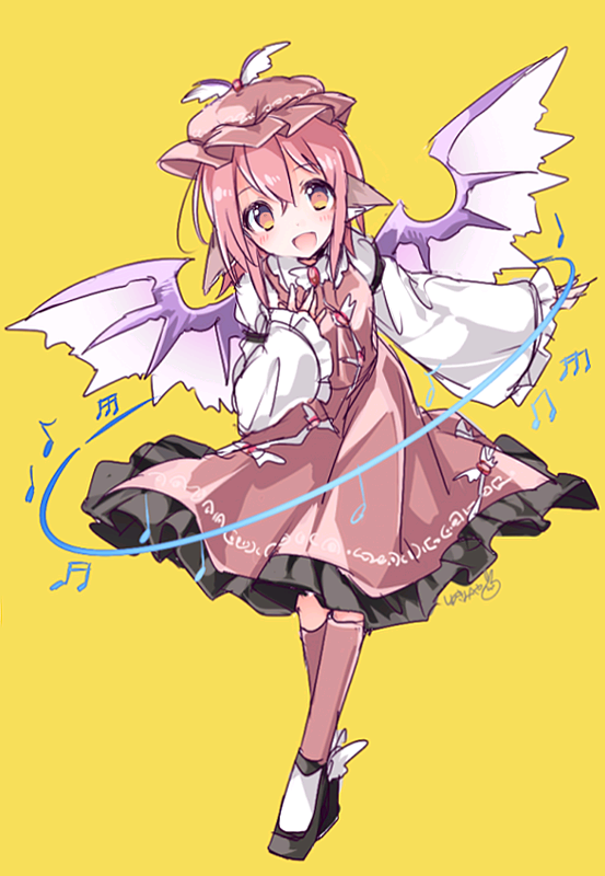1girl animal_ears bad_id bad_pixiv_id beamed_eighth_notes beamed_sixteenth_notes bird_ears bird_wings black_footwear blush brown_dress brown_headwear brown_legwear dress eighth_note eyebrows_visible_through_hair fingernails frilled_dress frilled_sleeves frills full_body hair_between_eyes kneehighs long_fingernails long_sleeves musical_note mystia_lorelei open_mouth pink_hair quarter_note shoes short_hair simple_background smile solo third-party_source touhou white_wings wide_sleeves winged_hat wings yellow_background yellow_eyes yukimiya_(parupunta)