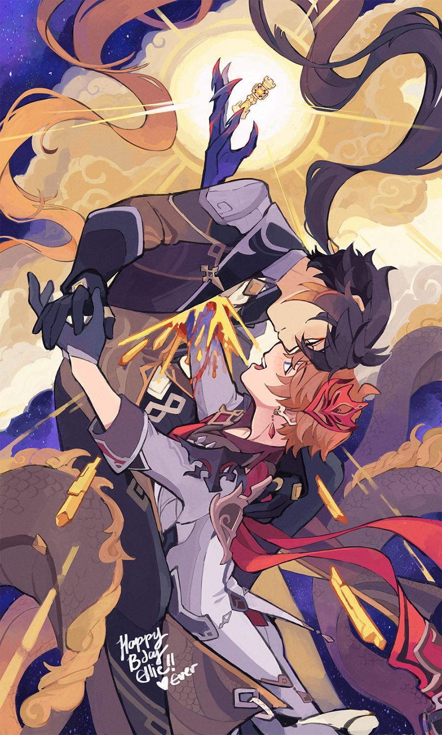 2boys ahoge bangs blue_eyes blush brown_hair couple dragon_tail evercelle eye_contact feet_out_of_frame fingernails forehead-to-forehead genshin_impact gradient_hair hair_between_eyes heads_together highres holding_hands impaled long_hair looking_at_another male_focus multicolored_hair multiple_boys ponytail sharp_fingernails short_hair smile tail tartaglia_(genshin_impact) yaoi yellow_eyes zhongli_(genshin_impact)