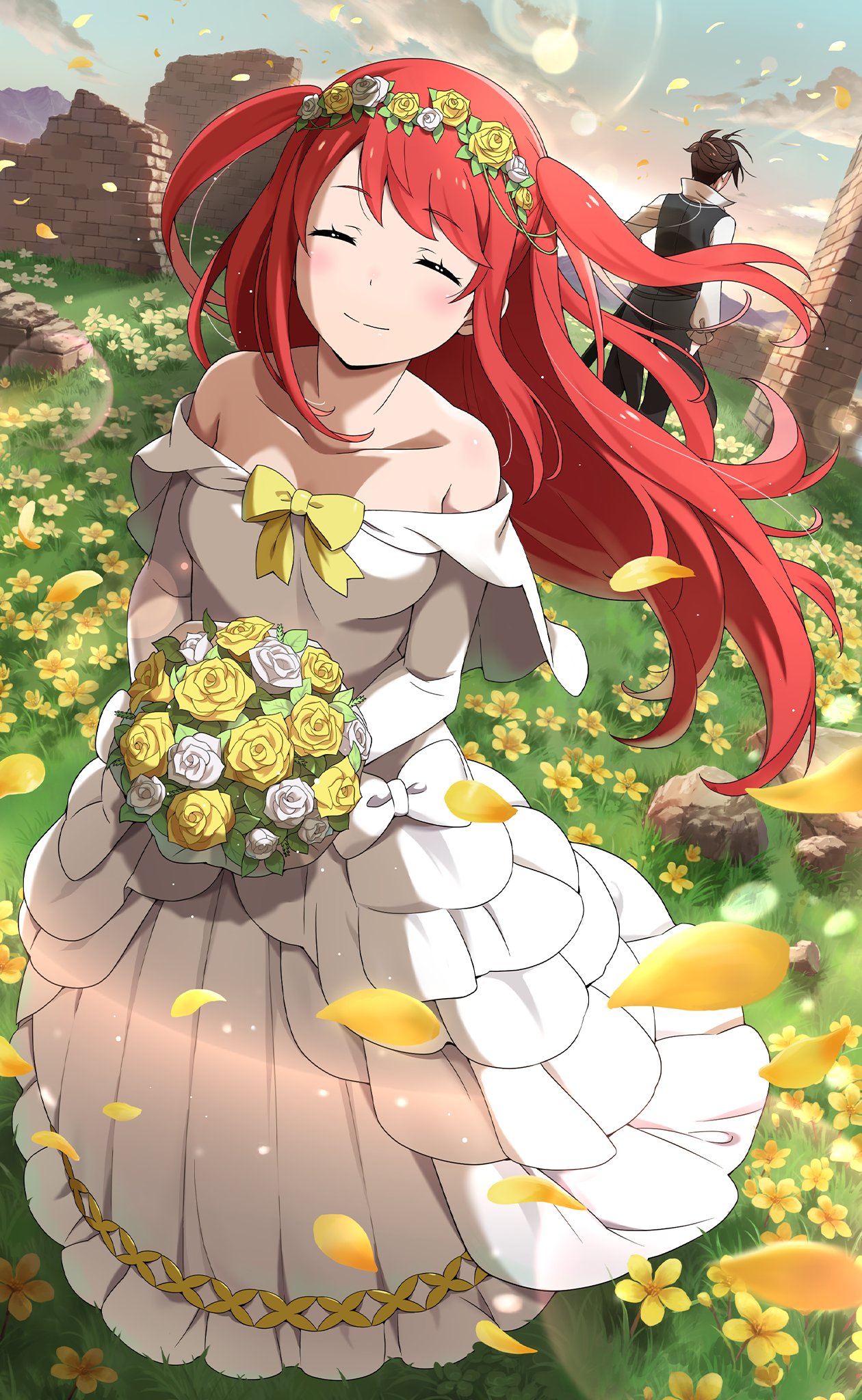 1boy 1girl bare_shoulders blush bouquet bow breasts bride brown_hair dress dress_bow flower flower_wreath full_body head_wreath highres holding holding_bouquet long_hair long_sleeves medium_breasts official_alternate_costume official_art outdoors petals re:zero_kara_hajimeru_isekai_seikatsu re:zero_kara_hajimeru_isekai_seikatsu:_lost_in_memories red_hair rose smile theresia_van_astrea two_side_up white_dress white_flower white_rose wilhelm_(re:zero) yellow_bow yellow_flower yellow_rose