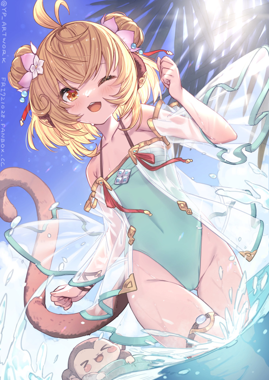 1girl :d ahoge andira_(granblue_fantasy) animal animal_ears aqua_swimsuit ass_visible_through_thighs bangs blonde_hair blue_sky brown_ribbon cameltoe cloud cloudy_sky collarbone cowboy_shot double_bun eyebrows_visible_through_hair fanbox_username flat_chest flower granblue_fantasy groin hair_bun hair_flower hair_ornament hair_strand hand_up highleg highleg_swimsuit highres looking_at_viewer monkey monkey_ears monkey_girl monkey_tail one-piece_swimsuit one_eye_closed orange_eyes palm_tree ribbon see-through short_hair sky smile solo splashing standing swimsuit tail teeth thigh_gap thigh_strap thighs tree twitter_username upper_teeth wading water web_address wrist_ribbon yellowpaint.