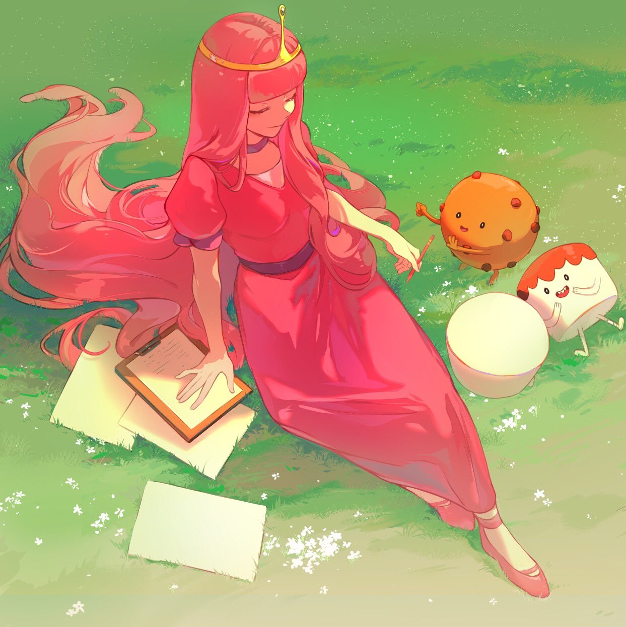 1girl adventure_time bangs blunt_bangs character_request choker clipboard closed_eyes colored_skin cookie crown dress eden_(eden871225) flats food from_above grass highres holding holding_pencil long_hair marshmallow outdoors paper pencil pink_hair pink_skin princess_bonnibel_bubblegum puffy_short_sleeves puffy_sleeves short_sleeves sitting smile solo_focus tiara very_long_hair