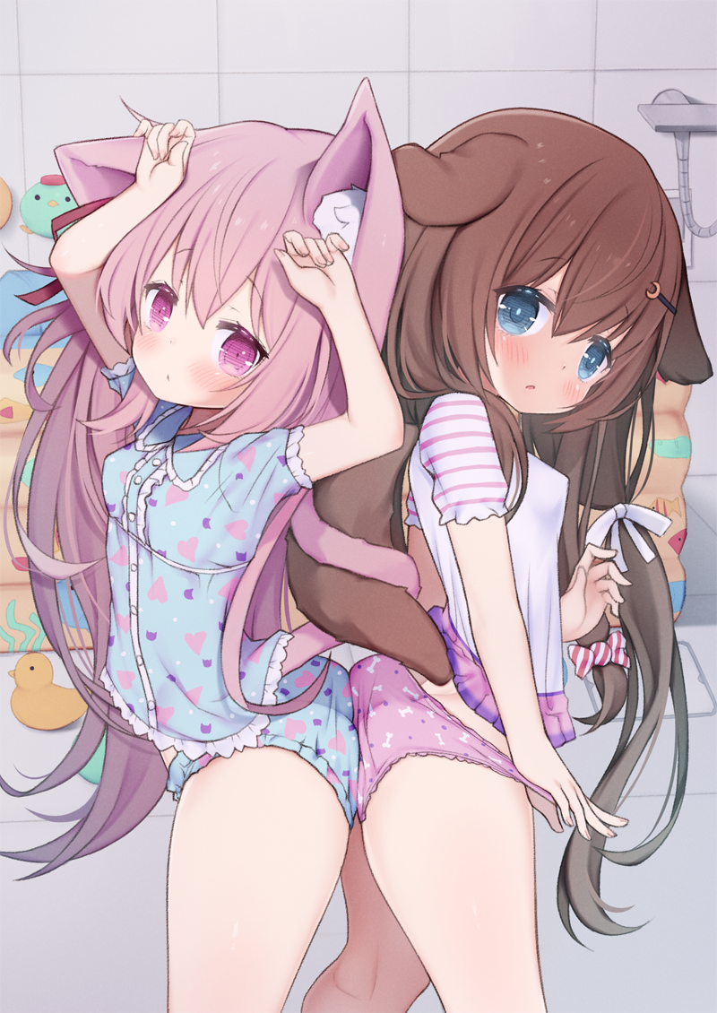 2girls animal_ear_fluff animal_ears arashiya arms_up ass ass-to-ass azur_lane back-to-back bathroom blue_eyes blue_panties blue_shirt blush bone_print breasts brown_hair cartoon_bone cat_ears cat_girl cat_tail commission commissioner_upload crescent crescent_hair_ornament dog_ears dog_girl dog_tail ears_touching from_side fumizuki_(azur_lane) hair_ornament hairclip heart heart_print indoors intertwined_tails kisaragi_(azur_lane) long_hair looking_at_viewer multiple_girls no_pants panties panty_pull pink_eyes pink_hair pink_panties print_panties print_shirt pulled_by_self ribbon rubber_duck shirt short_sleeves side_ponytail skeb_commission small_breasts tail thighs twintails underwear very_long_hair white_shirt yuri