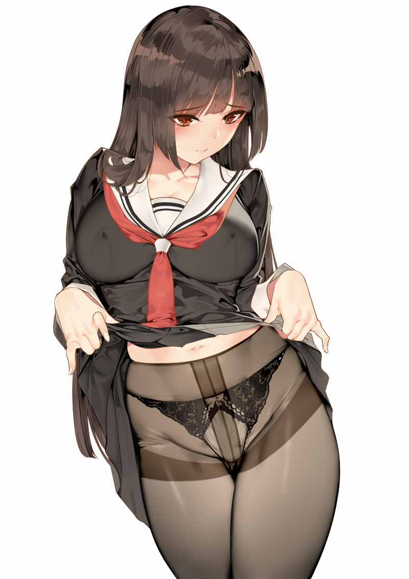 1girl bangs black_legwear black_panties blush breasts brown_hair clothes_lift covered_nipples cowboy_shot crotch_seam eyebrows_visible_through_hair head_tilt holding holding_clothes lace lace_panties large_breasts lifted_by_self looking_at_viewer looking_down midriff navel neckerchief original panties panties_under_pantyhose pantyhose raised_eyebrows red_eyes red_neckerchief saburou_(hgmg) sailor_collar school_uniform serafuku sidelocks simple_background skirt skirt_lift solo thighband_pantyhose thighs underwear white_background white_sailor_collar