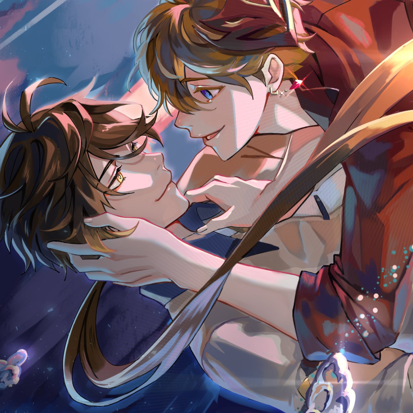 2boys ahoge bangs blue_eyes brown_hair casual couple earrings eye_contact from_side genshin_impact gradient_hair hair_between_eyes hand_on_another's_head highres jewelry long_hair looking_at_another lying male_focus multicolored_hair multiple_boys on_back oyakorodesu ponytail red_shirt shirt short_hair single_earring smile tartaglia_(genshin_impact) yaoi yellow_eyes zhongli_(genshin_impact)