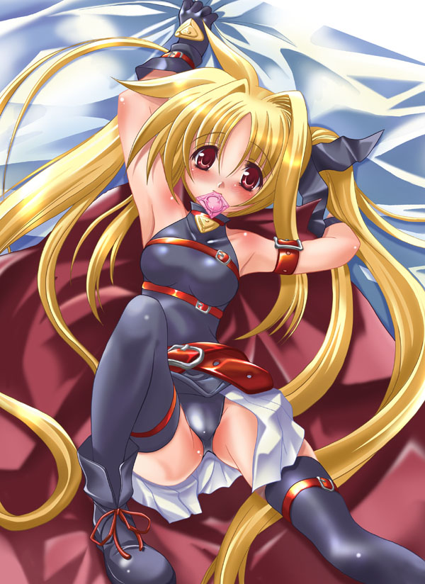 armpits bed blonde_hair blush condom condom_in_mouth fate_testarossa long_hair lying lyrical_nanoha mahou_shoujo_lyrical_nanoha mahou_shoujo_lyrical_nanoha_a's mio_(fastest_lap) mouth_hold red_eyes solo thighhighs twintails