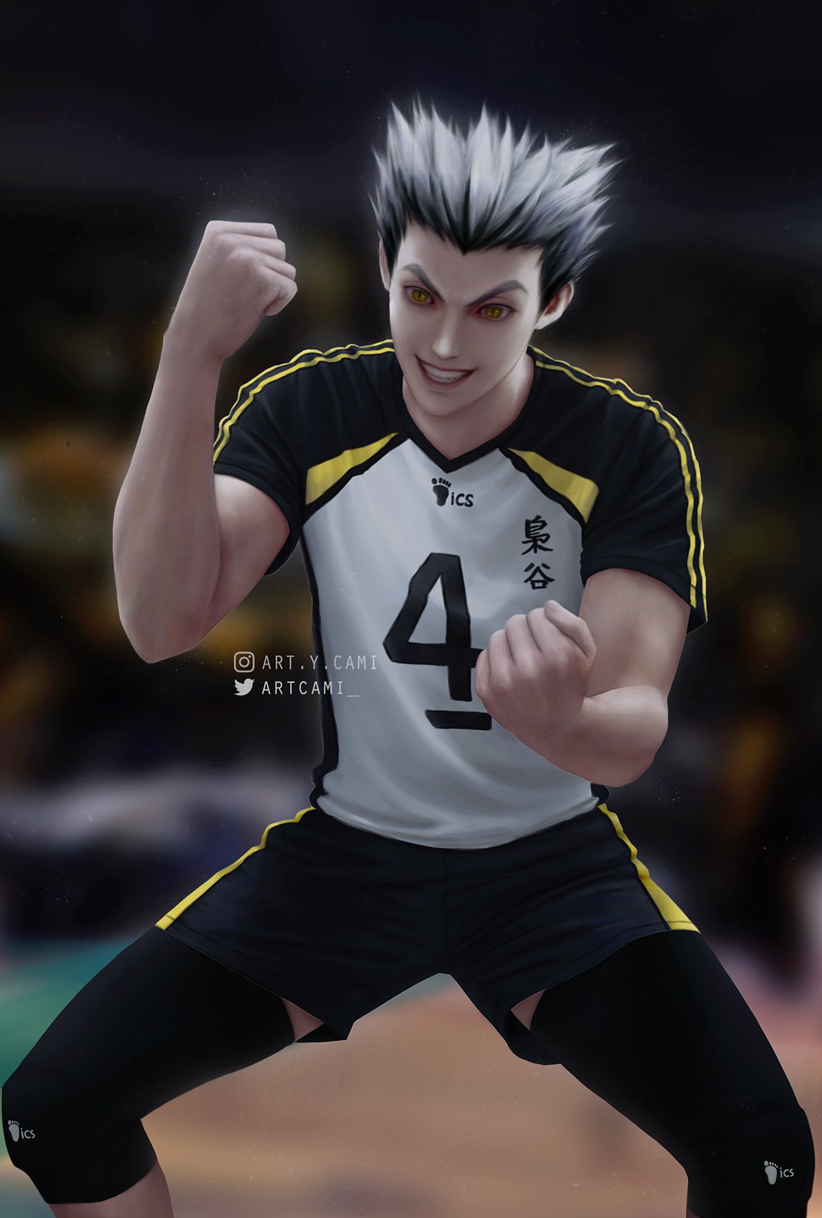 1boy artcami black_legwear black_shorts blurry bokuto_koutarou clenched_hands commentary grey_hair grin haikyuu!! hands_up highres indoors instagram_username jersey knee_pads legs_apart looking_away male_focus multicolored_hair muscular muscular_male short_hair shorts smile solo sportswear standing teeth twitter_username two-tone_hair volleyball_uniform yellow_eyes