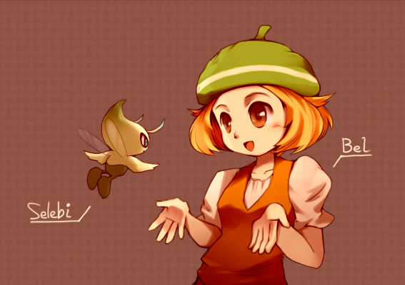 1girl 1other beret bianca_(pokemon) blonde_hair blue_eyes blush breasts brown_eyes celebi character_name closed_mouth collarbone commentary_request eye_contact fairy fairy_wings floating green_headwear hands_up happy hat looking_at_another open_mouth orange_vest pokemon pokemon_(creature) pokemon_(game) pokemon_bw puffy_short_sleeves puffy_sleeves red_background ribero shirt short_hair short_sleeves sidelocks simple_background small_breasts smile standing upper_body vest white_shirt wings