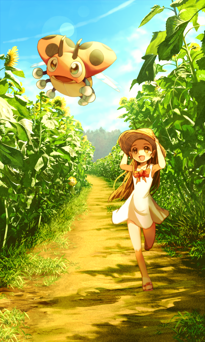 1girl :d armpits arms_up bare_arms bare_legs bare_shoulders bow bowtie brown_eyes brown_hair brown_headwear cloud collarbone commentary_request day dress error field flower flower_field full_body green_eyes hand_on_headwear hat jasmine_(pokemon) ledyba leg_up lens_flare light_rays long_hair no_legwear open_mouth path plant pokemon pokemon_(creature) pokemon_(game) pokemon_hgss red_bow red_bowtie revision ribero road running sandals shadow sleeveless sleeveless_dress smile summer sun_hat sundress sunflora sunflower sunlight wrong_feet younger