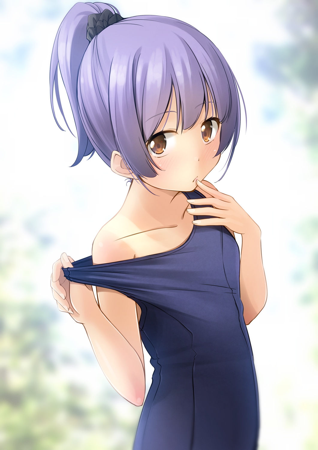 1girl bangs bare_arms bare_shoulders black_scrunchie blue_swimsuit blurry blurry_background blush brown_eyes closed_mouth commentary_request depth_of_field eyebrows_visible_through_hair hair_ornament hair_scrunchie hands_up highres looking_at_viewer one-piece_swimsuit original ponytail pulled_by_self purple_hair school_swimsuit scrunchie shibacha solo strap_pull swimsuit tan tanlines upper_body