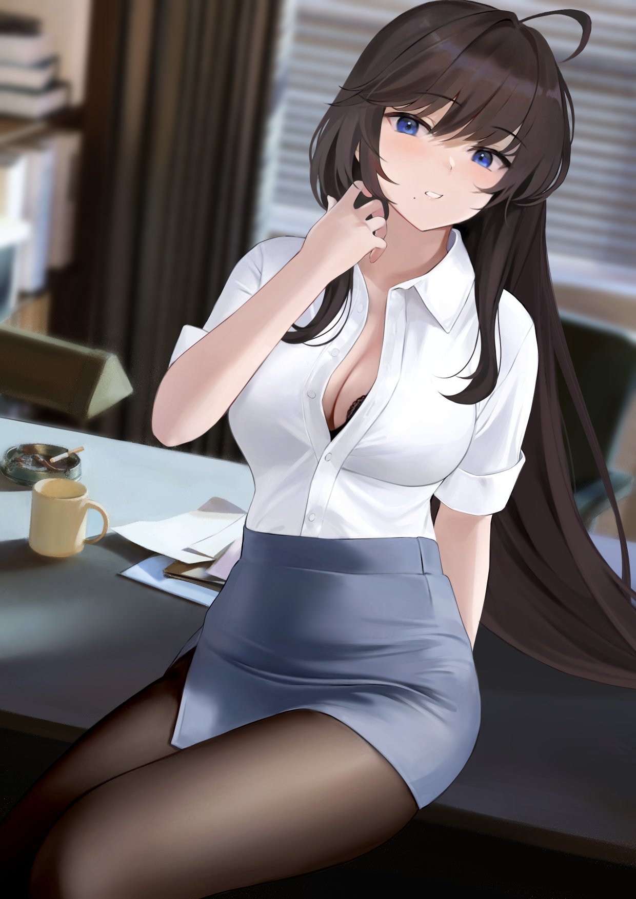1girl ahoge arm_behind_back black_bra blue_eyes blue_skirt blurry blurry_background blush bra bra_peek breasts brown_hair brown_legwear cleavage collared_shirt cup dress_shirt eyebrows_visible_through_hair highres indoors lace lace_bra long_hair looking_at_viewer mole mole_under_mouth mug office_lady on_table original pantyhose parted_lips pencil_skirt preview_(preview0) shirt shirt_tucked_in side_slit sidelocks sitting skirt sleeves_folded_up table underwear white_shirt