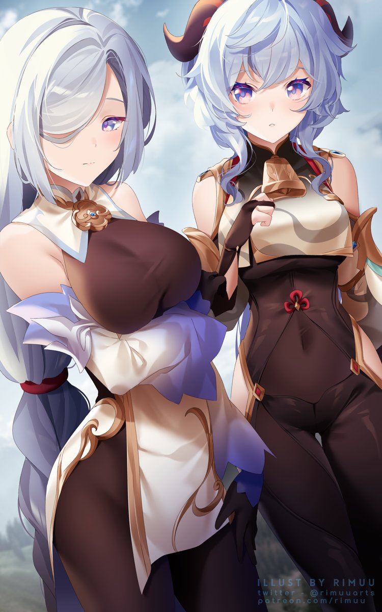 2girls artist_name ass_visible_through_thighs bangs bare_shoulders bell black_bodysuit black_gloves black_legwear blue_hair blush bodysuit braid braided_ponytail breast_curtain breasts clothing_cutout cosplay costume_switch covered_navel detached_sleeves eyebrows_visible_through_hair ganyu_(genshin_impact) ganyu_(genshin_impact)_(cosplay) genshin_impact gloves gold_trim hair_over_one_eye highres horns large_breasts legs_together long_hair looking_at_viewer medium_breasts multiple_girls neck_bell parted_lips partially_fingerless_gloves purple_eyes rimuu shenhe_(genshin_impact) shenhe_(genshin_impact)_(cosplay) shoulder_cutout sidelocks standing thigh_cutout thigh_gap thighs white_hair white_sleeves