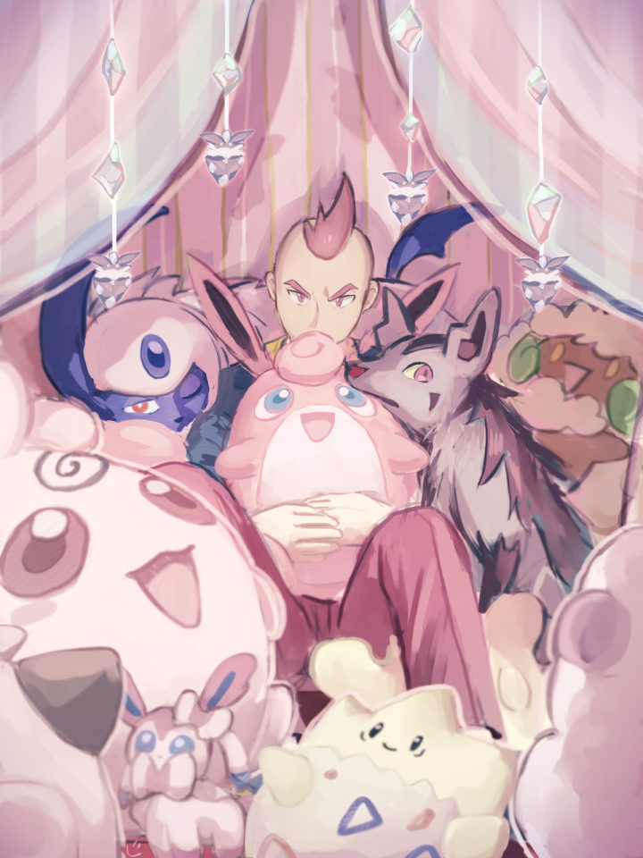 1boy absol carbink character_doll commentary_request curtains doll holding holding_pokemon igglybuff indoors looking_at_viewer male_focus mightyena niji_(shihio) own_hands_together pants pink_eyes pink_hair pokemon pokemon_(creature) pokemon_(game) pokemon_rse short_hair sidney_(pokemon) sitting sylveon togepi whimsicott wigglytuff