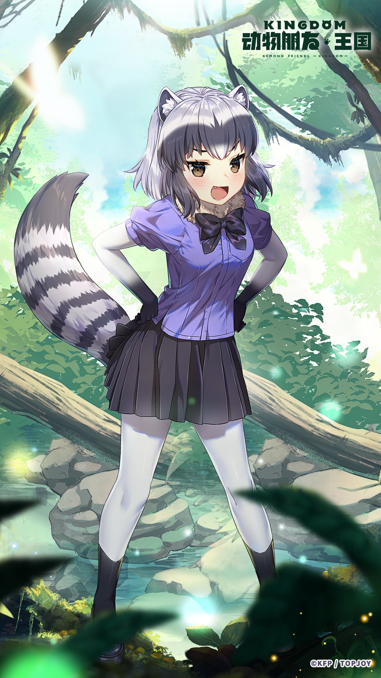 1girl animal_ears bangs black_hair black_skirt blurry blurry_foreground bodystocking bow bowtie breast_pocket brown_eyes common_raccoon_(kemono_friends) copyright copyright_name day fang full_body fur_collar gradient gradient_clothes grey_hair hands_on_hips highres kemono_friends kemono_friends_kingdom layered_sleeves leaning_forward long_sleeves looking_at_viewer medium_hair miniskirt multicolored_hair official_art open_mouth outdoors plant pleated_skirt pocket purple_shirt raccoon_ears raccoon_girl raccoon_tail river shirt shoes short_over_long_sleeves short_sleeves skirt smile socks solo standing striped_tail tail tree tsurime v-shaped_eyebrows water white_hair